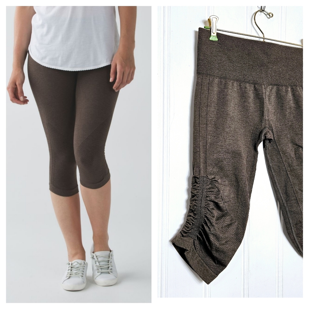 Lululemon In The Flow Crop Leggings Size 8 Seamless Capri Heathered Bark Brown